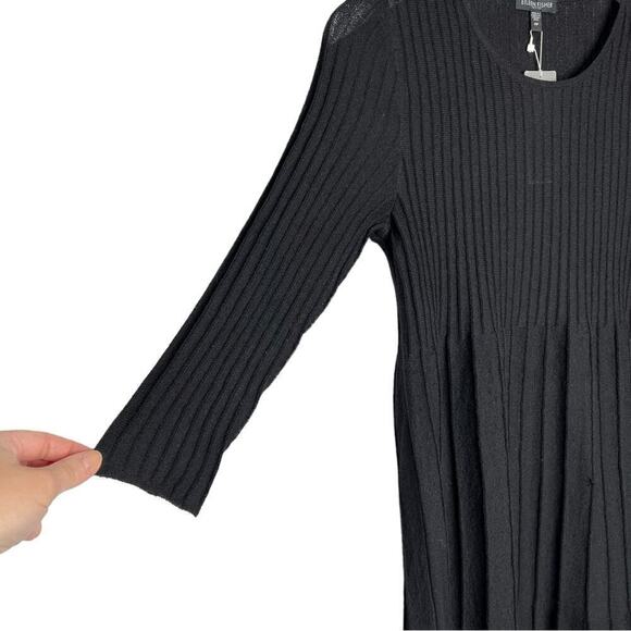 Eileen Fisher Washable Wool Ribbed Pleated Dress Black Size PP NEW - Picture 4 of 12